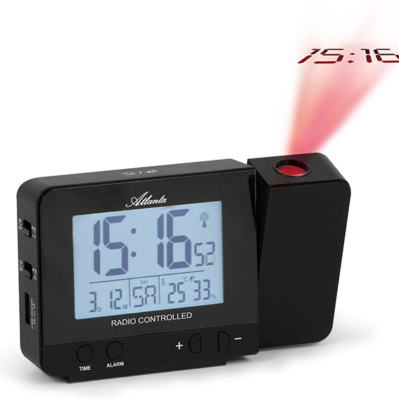 Digitaler Projektions-Funkwecker mit schwarzem Gehäuse und LCD-Uhrzeitanzeige