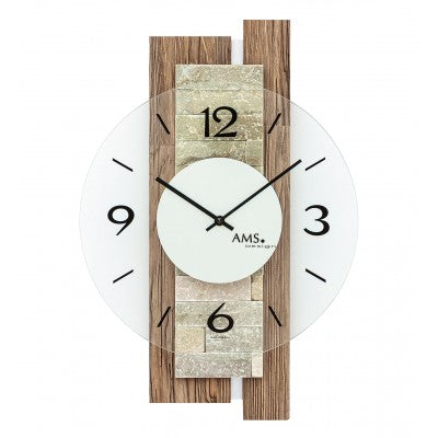 AMS Quarz-Wanduhr mit Mineralglas und Naturstein-Optik, Holzrahmen, schwarzes Zifferblatt