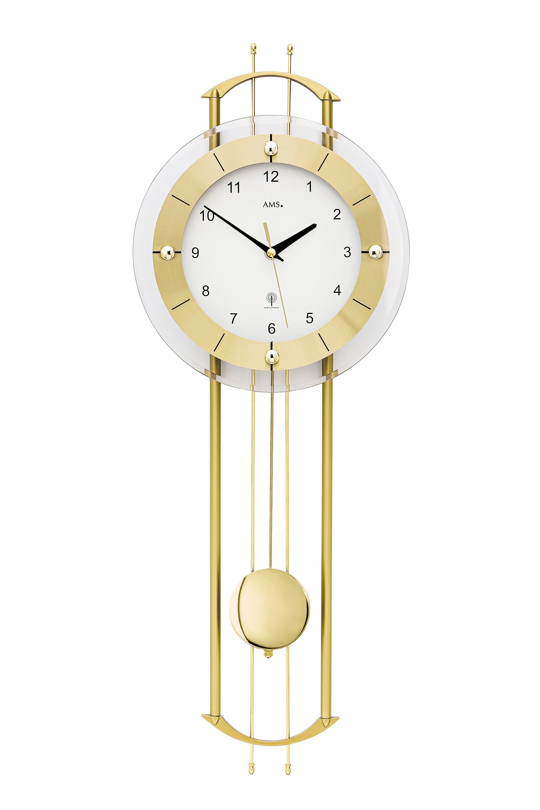 Funkuhr-Wanduhr mit Messingrahmen, rundem Ziffernblatt und Pendel-Optik
