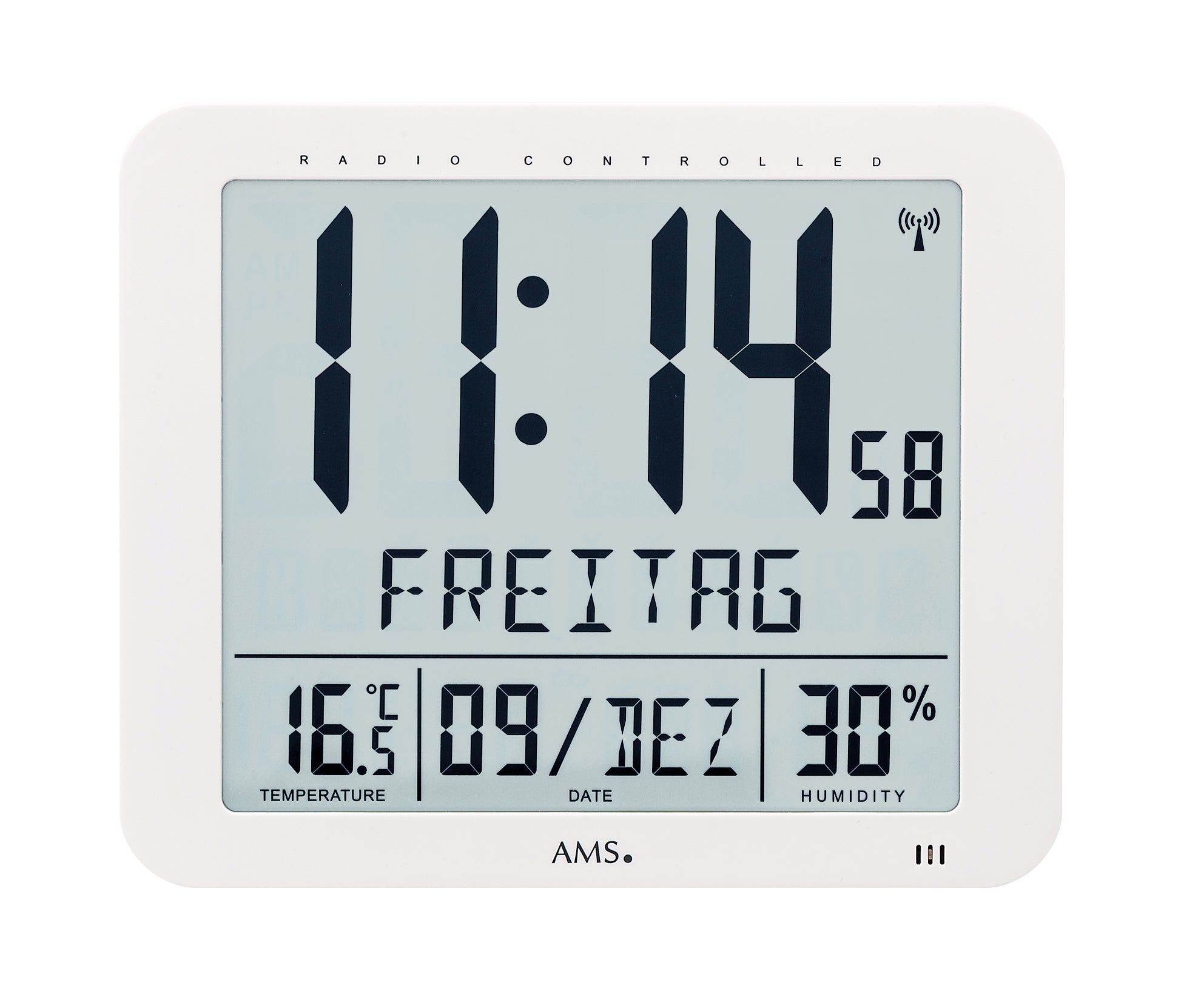 Digitale Wanduhr mit weißem Gehäuse und großer LED-Zeitanzeige