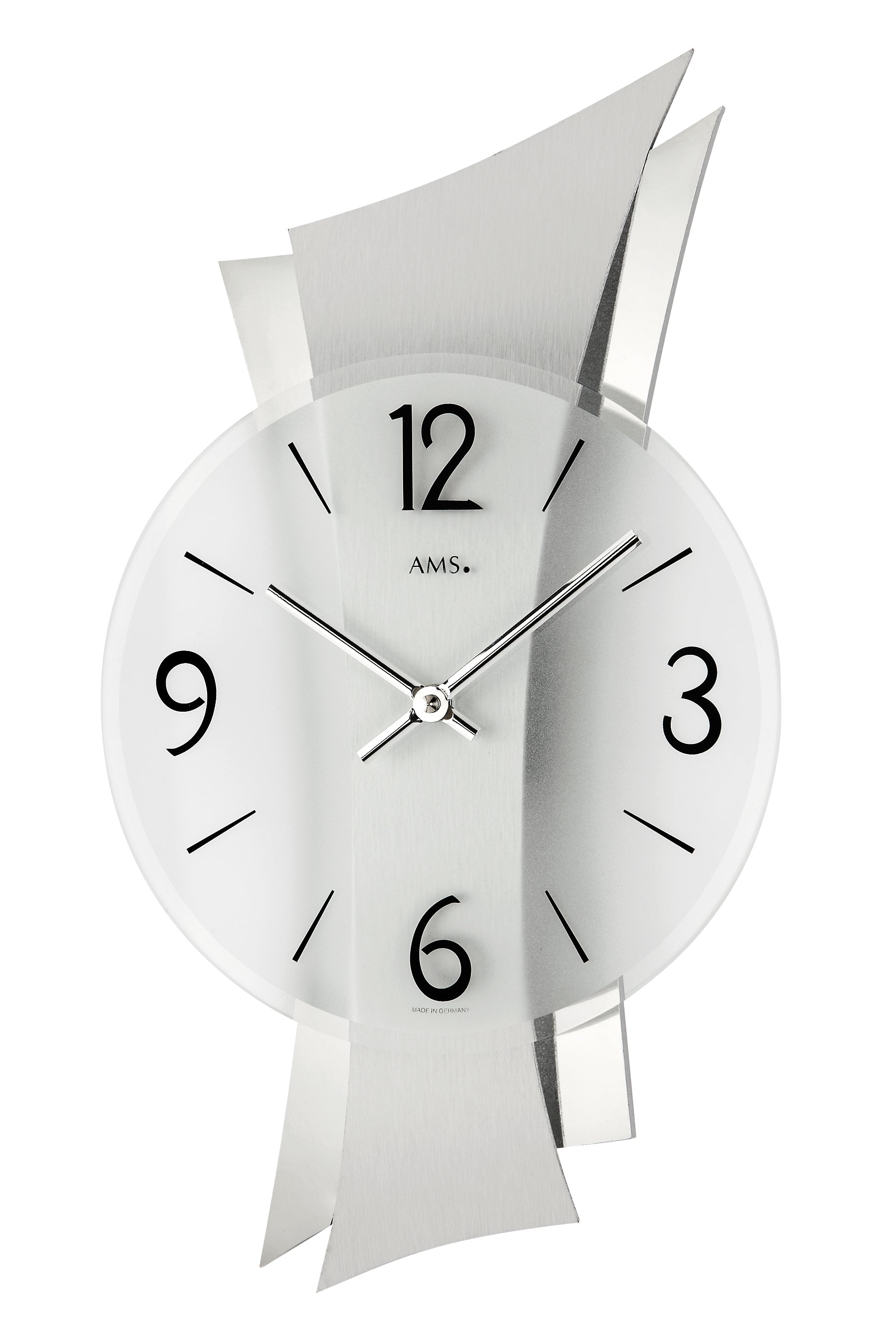 Wanduhr mit geschwungener Aluminium-Auflage und Mineralglas, römische Ziffern