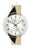 Wanduhr mit rundem Zifferblatt, schwarzen Zeigern und Holz- sowie dunklem Trägerband