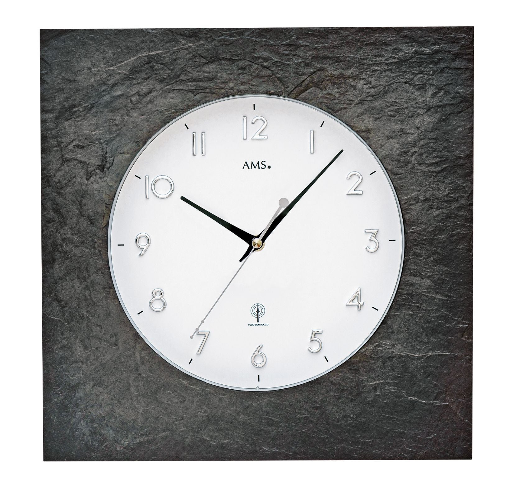 AMS Funk-Wanduhr mit rundem weißem Zifferblatt, schwarzem Zeigersatz und Schiefergrau-Optik