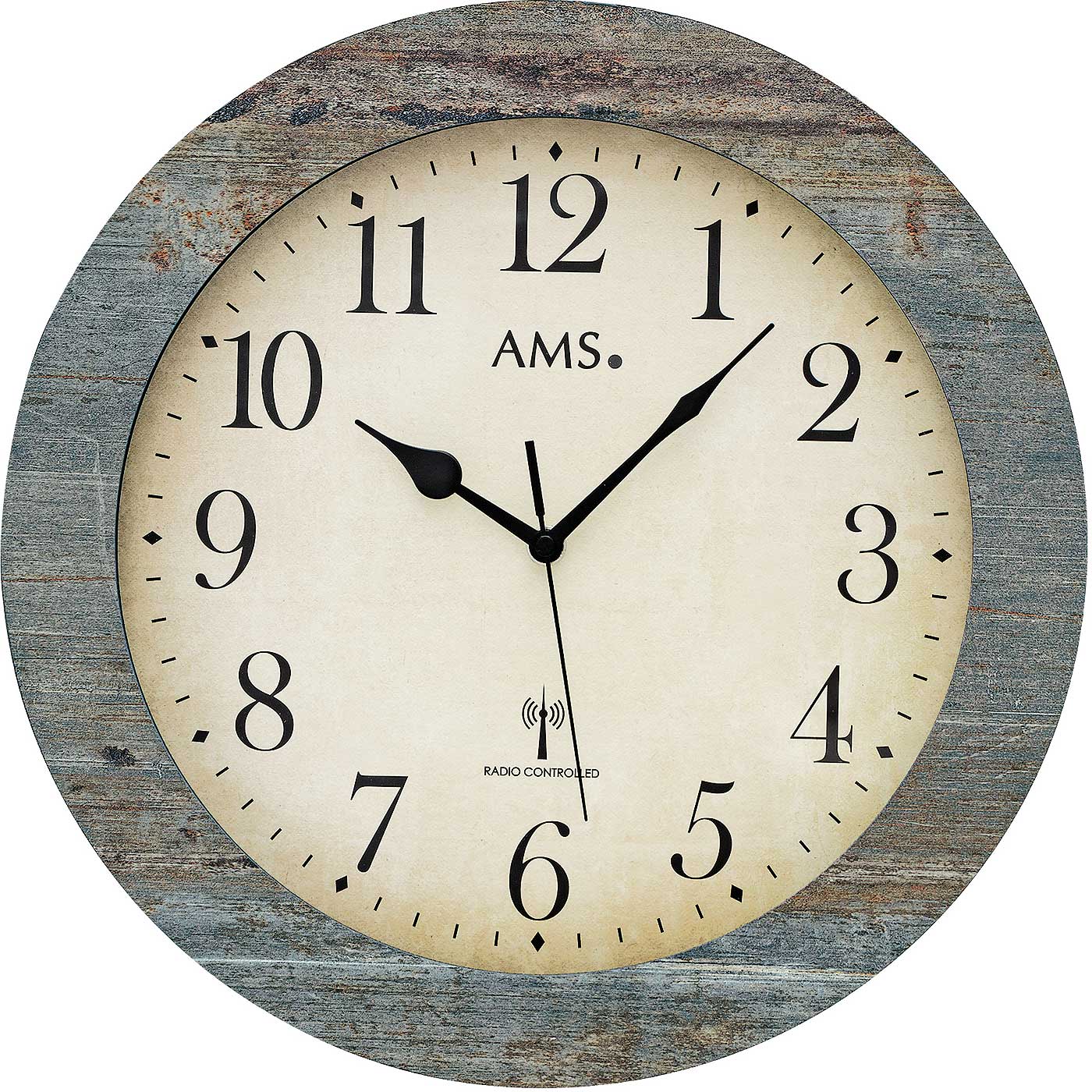 Funk-Wanduhr mit blau-grauem Ziffernblatt, römischen Ziffern, AMS-Logo und Zeigern