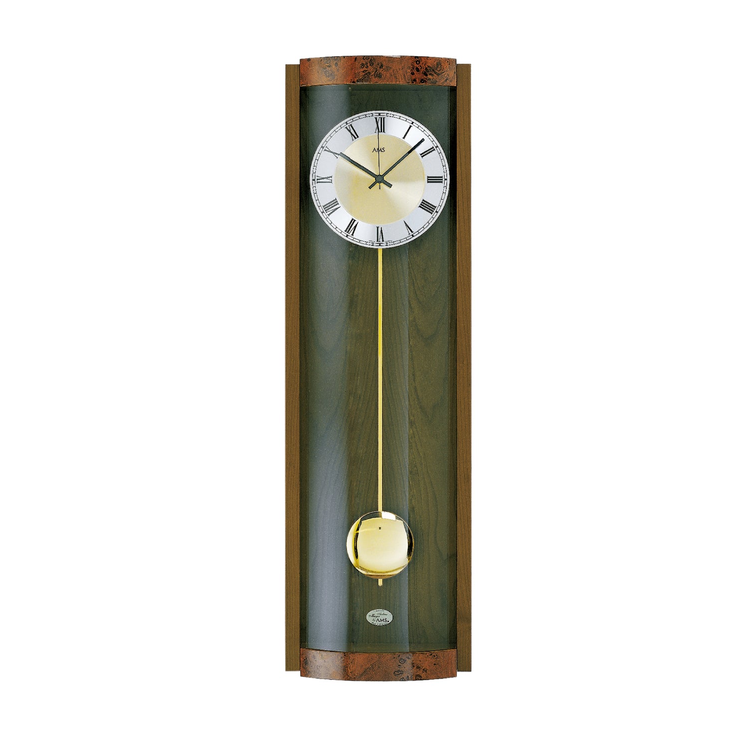 Schmale Nussbaum-Wanduhr mit rundem Zifferblatt und vergoldetem Pendelgewicht im Glas