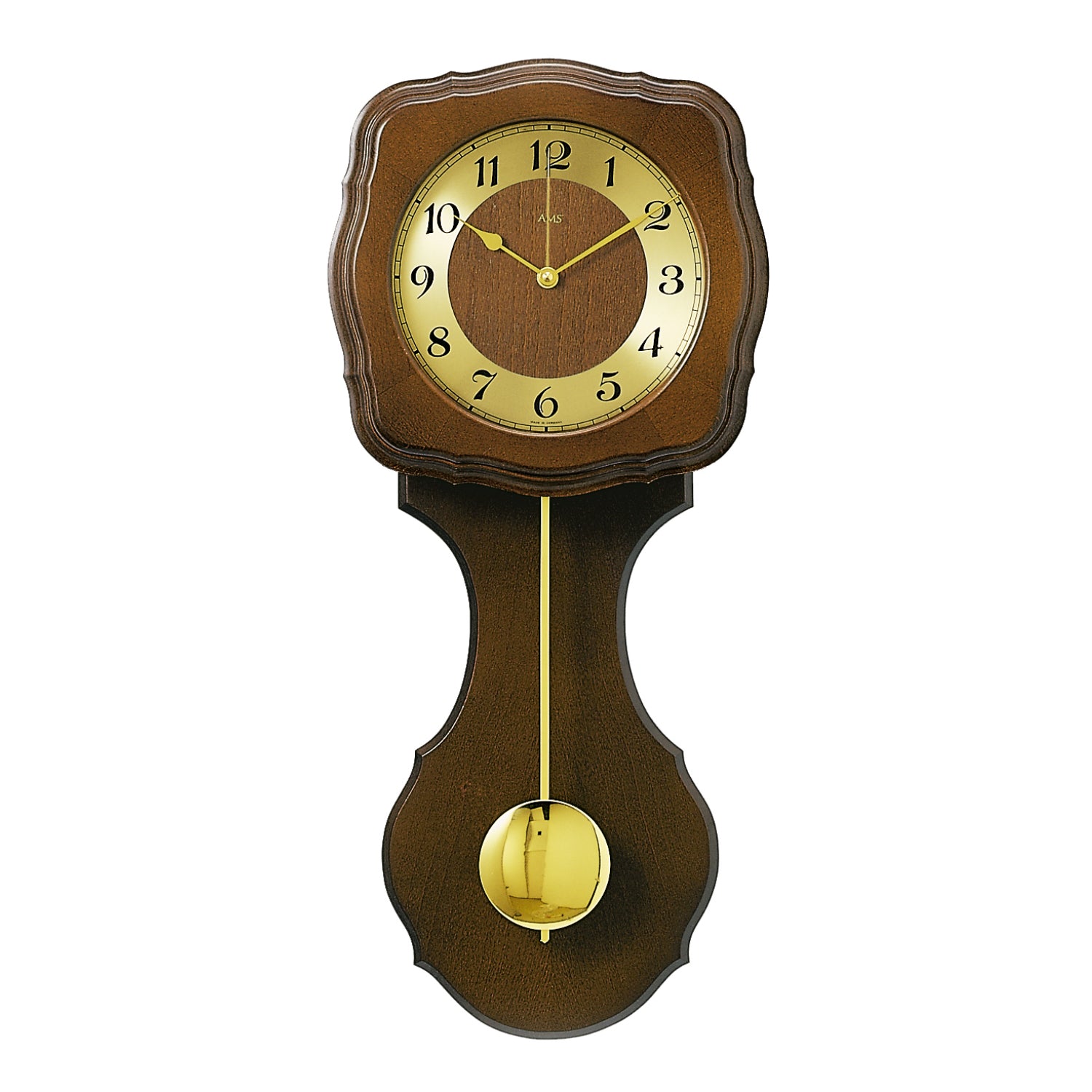 Wanduhr aus dunklem Holz mit rundem Zifferblatt und pendelndem Gewicht