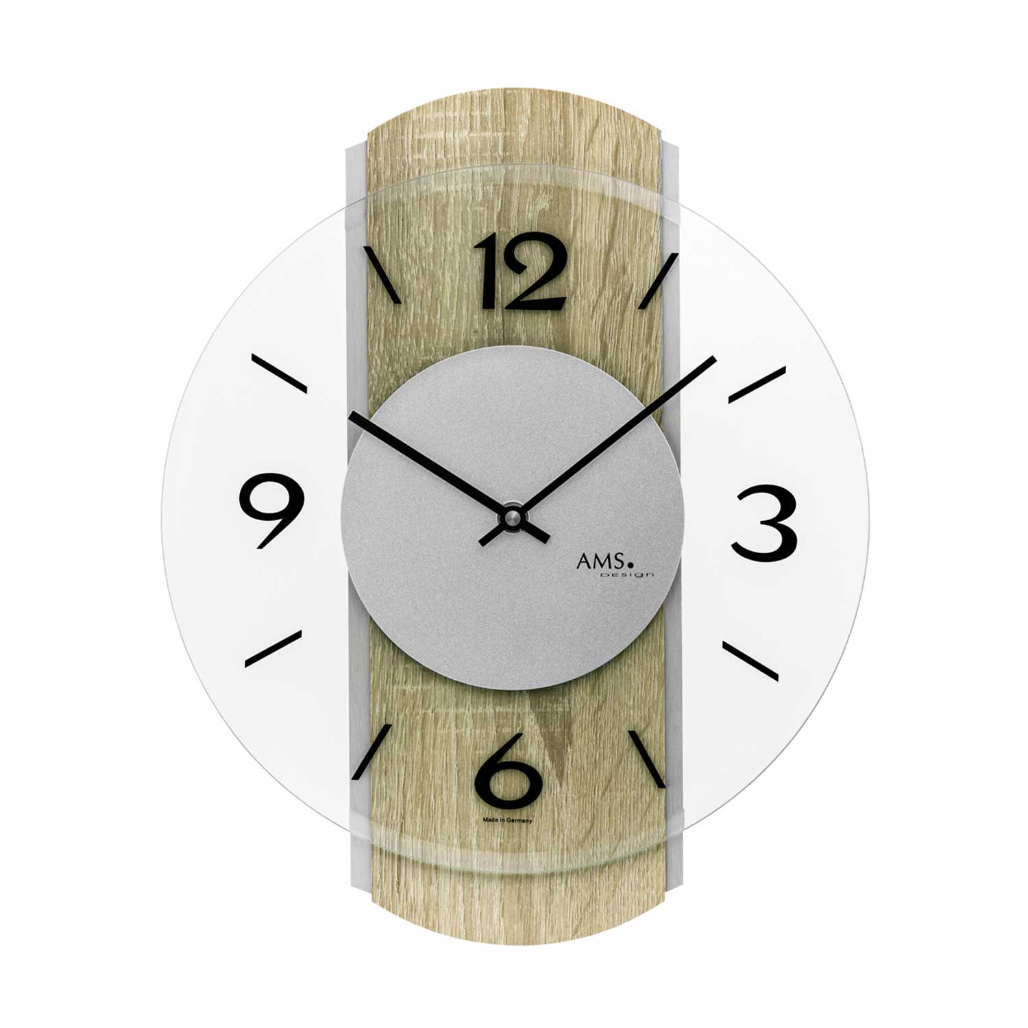Wanduhr in Sonoma-Eiche mit grauem Ziffernblatt, schwarzen Zeigern und AMS-Stempel
