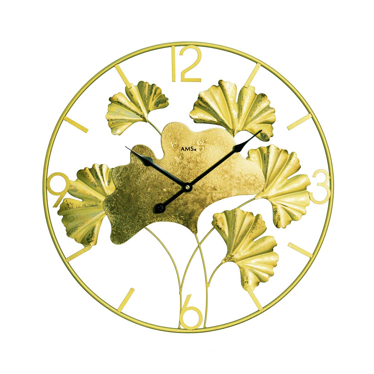 Runde Wanduhr mit goldfarbenem Metallgehäuse, Blatt-Design und schwarzen Zeigern