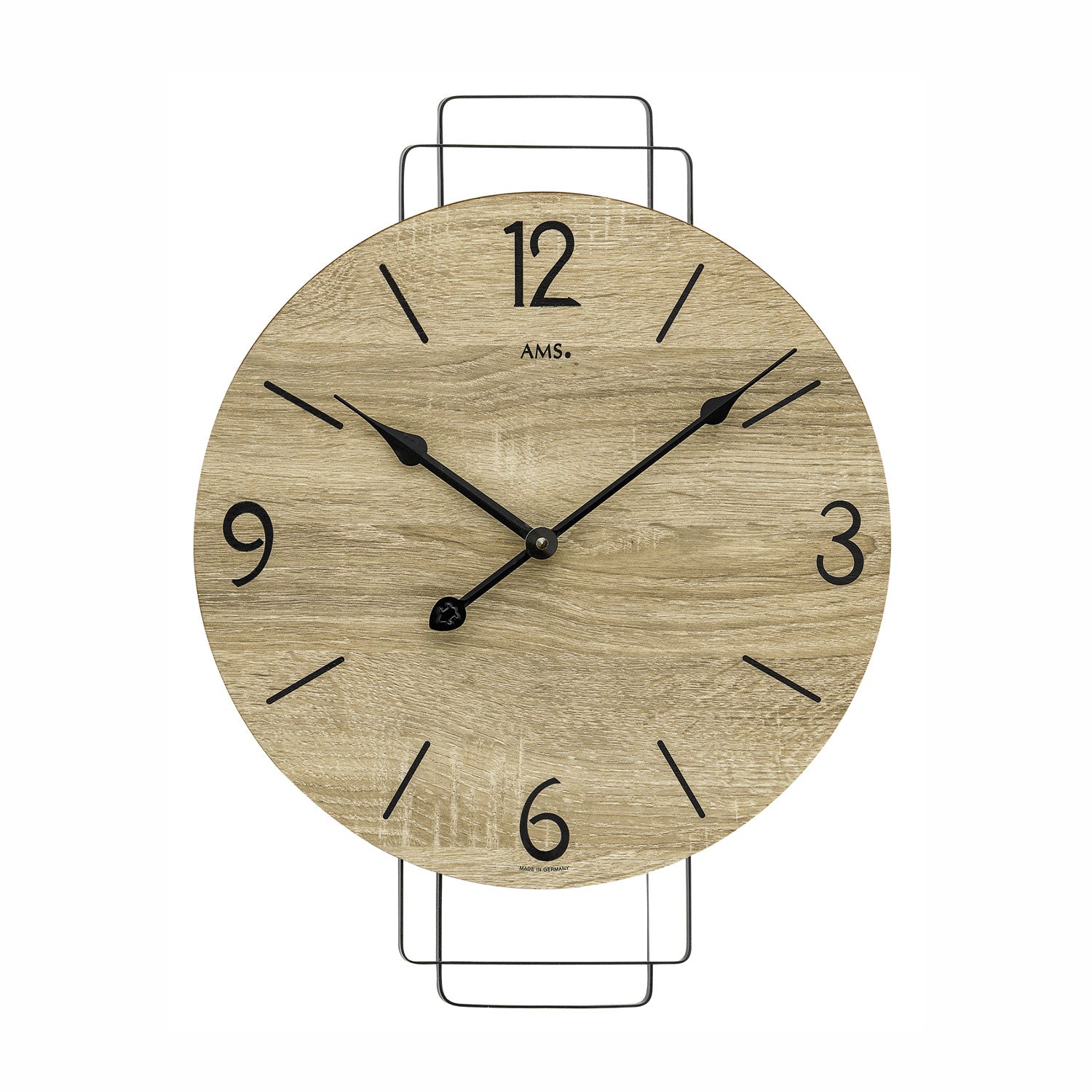 Runde Wanduhr mit Sonoma-Holzoptik, schwarzen Ziffern und Metallrahmen, Quarzuhr