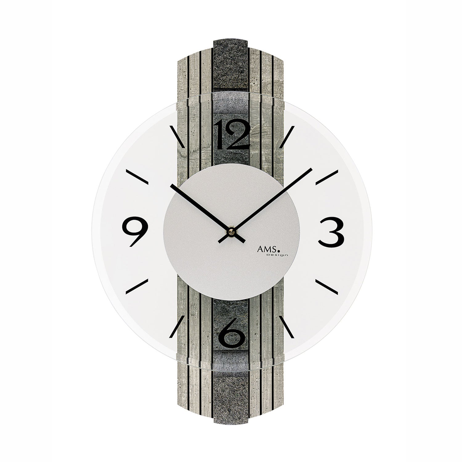 Wanduhr mit rundem Zifferblatt, Zahlen 1–12, schwarzen Zeigern und steinstrukturierter Front