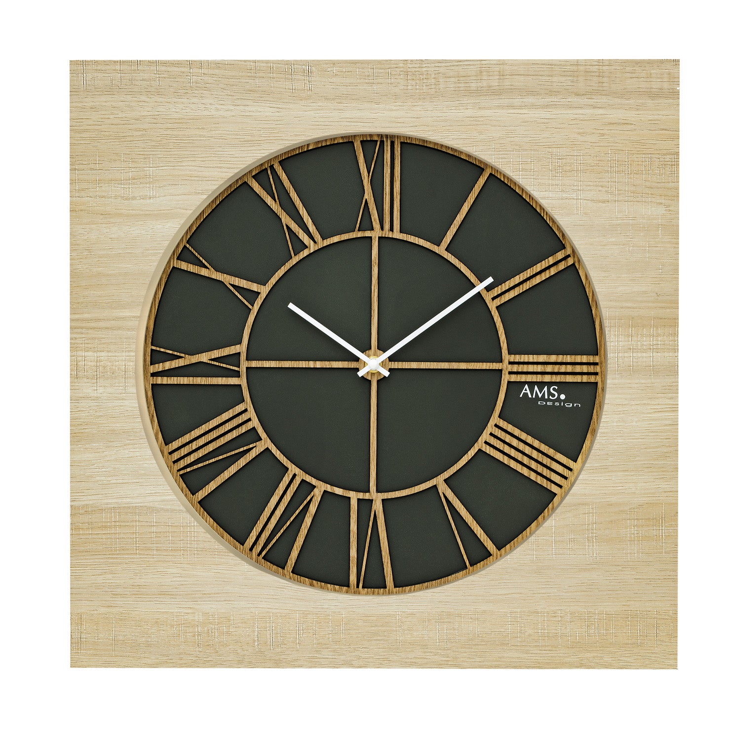 Wanduhr mit rundem Holzrahmen, dunklem Zifferblatt und goldenen Linien, AMS-Logo