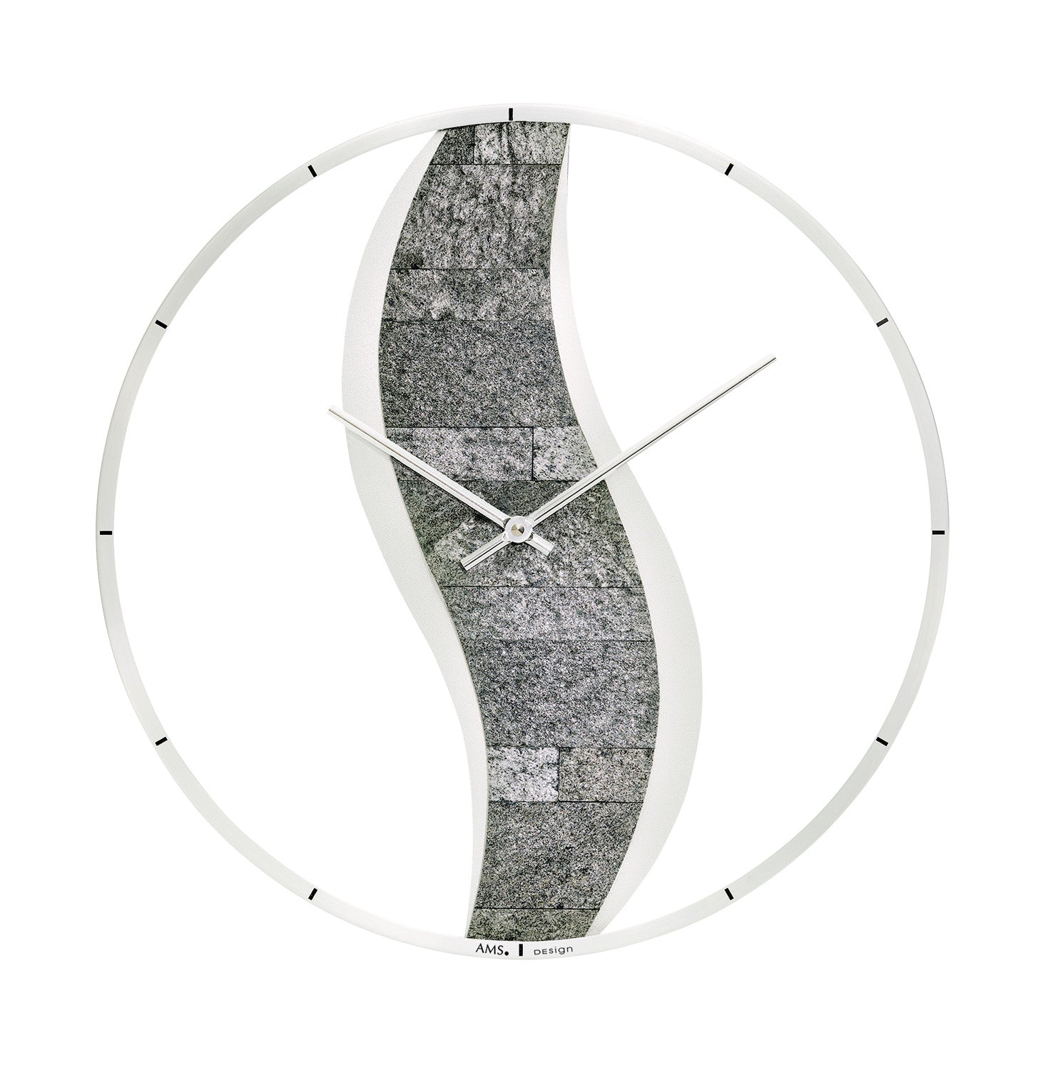 AMS Wanduhr mit rundem Rahmen und grauem Stein-Zifferblatt, sichtbaren Zeigern
