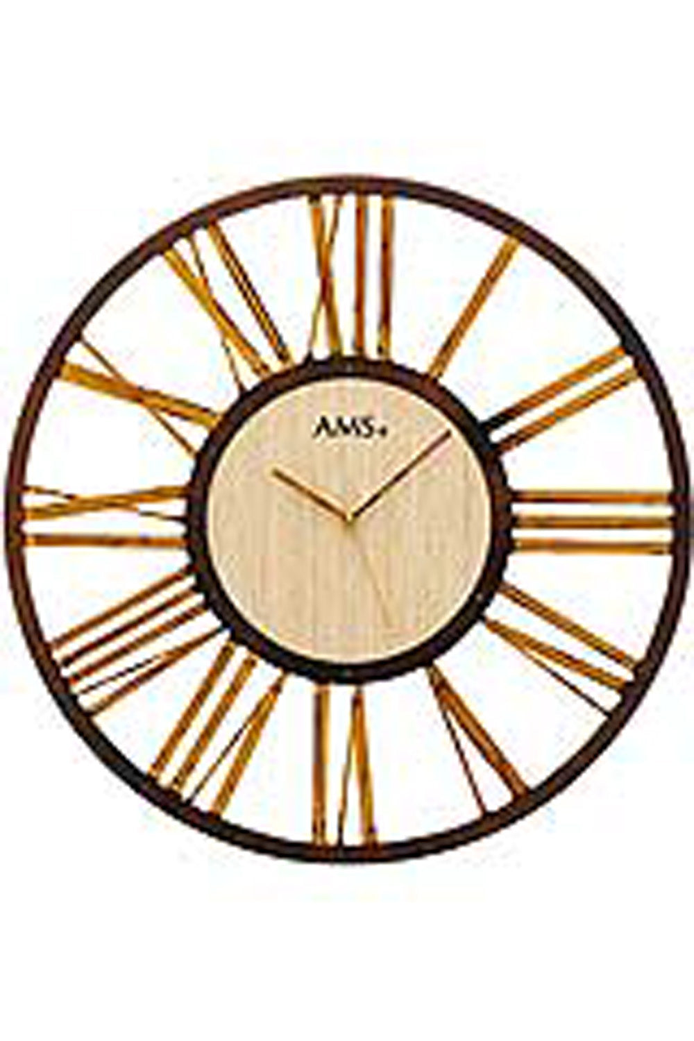 Wanduhr mit rundem Holz-/Metallrahmen, beigem Zifferblatt und goldenen Indexlinien