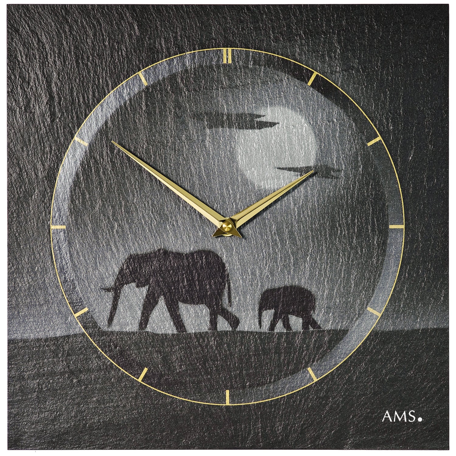 Wanduhr mit Schiefer-Optik, goldenen Zeigern und Elefantenmotiv