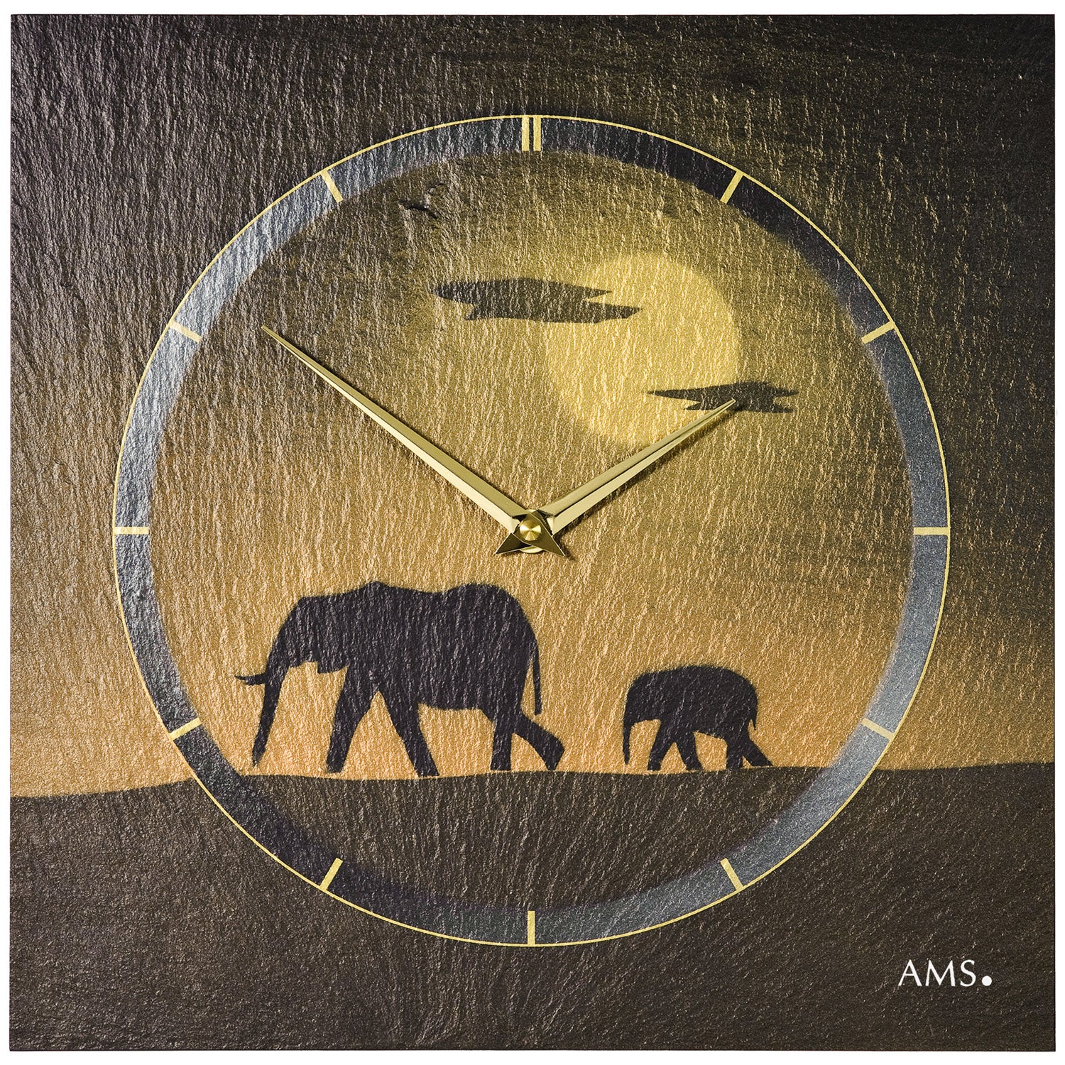 Runde Wanduhr aus Naturschiefer mit Elefantenmotiv, goldfarbenem Ziffernring und Zeigern