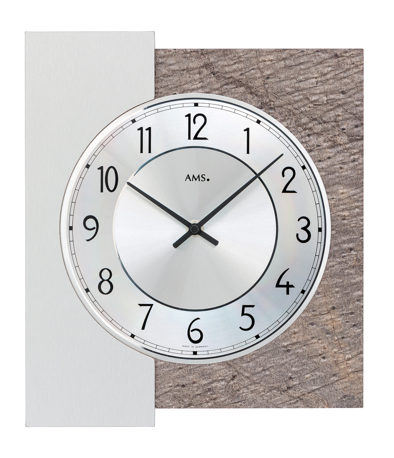 Runde Wanduhr mit weißem Aluminiumzifferblatt, schwarzen Ziffern und Zeigern, Stein