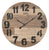 Runde Wanduhr mit Holzgehäuse, schwarzen aufgesetzten Zahlen und Zeigern, AMS-Logo.