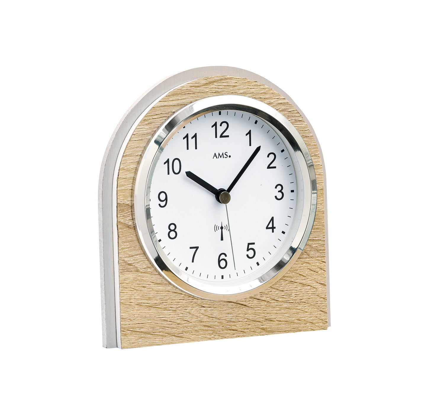 Tischuhr mit hellem Holzgehäuse und rundem Zifferblatt, Glasfront, schwarze Zeiger