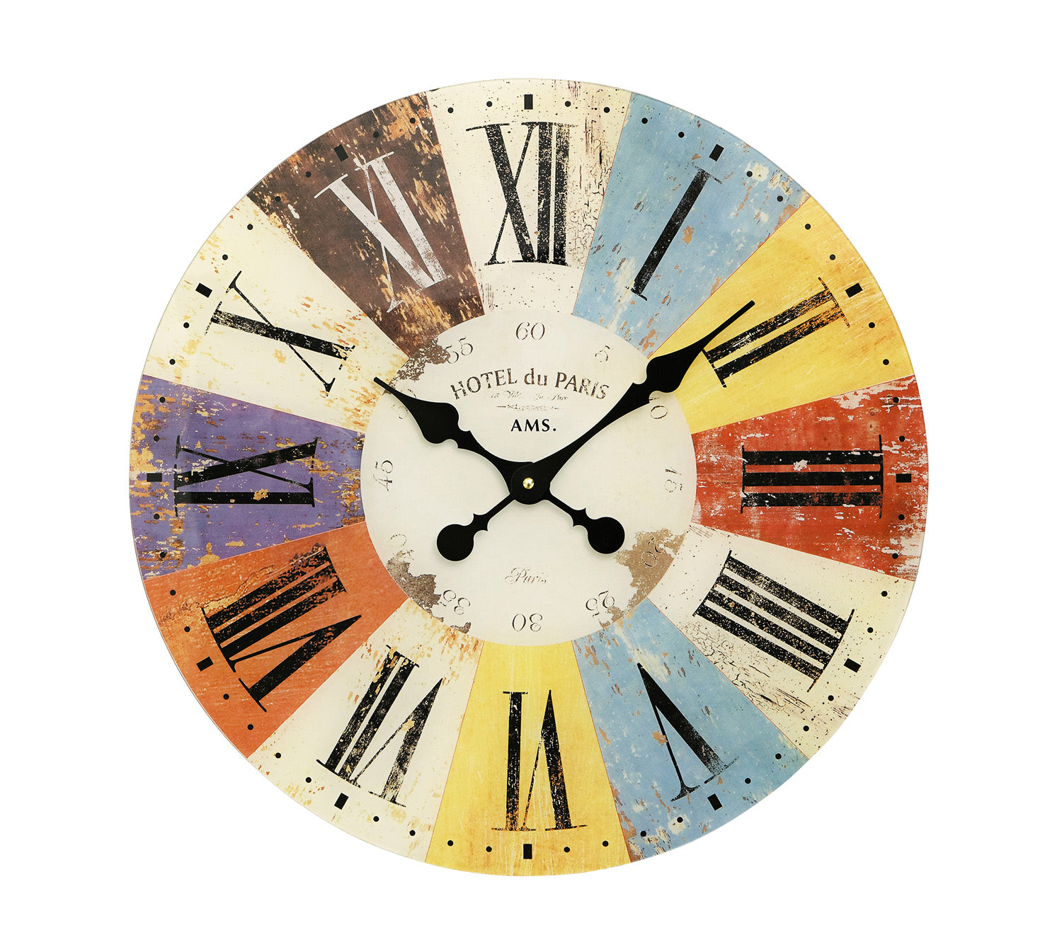 AMS Wanduhr aus bedrucktem Mineralglas, rund, mit römischen Ziffern und schwarzen Zeigern