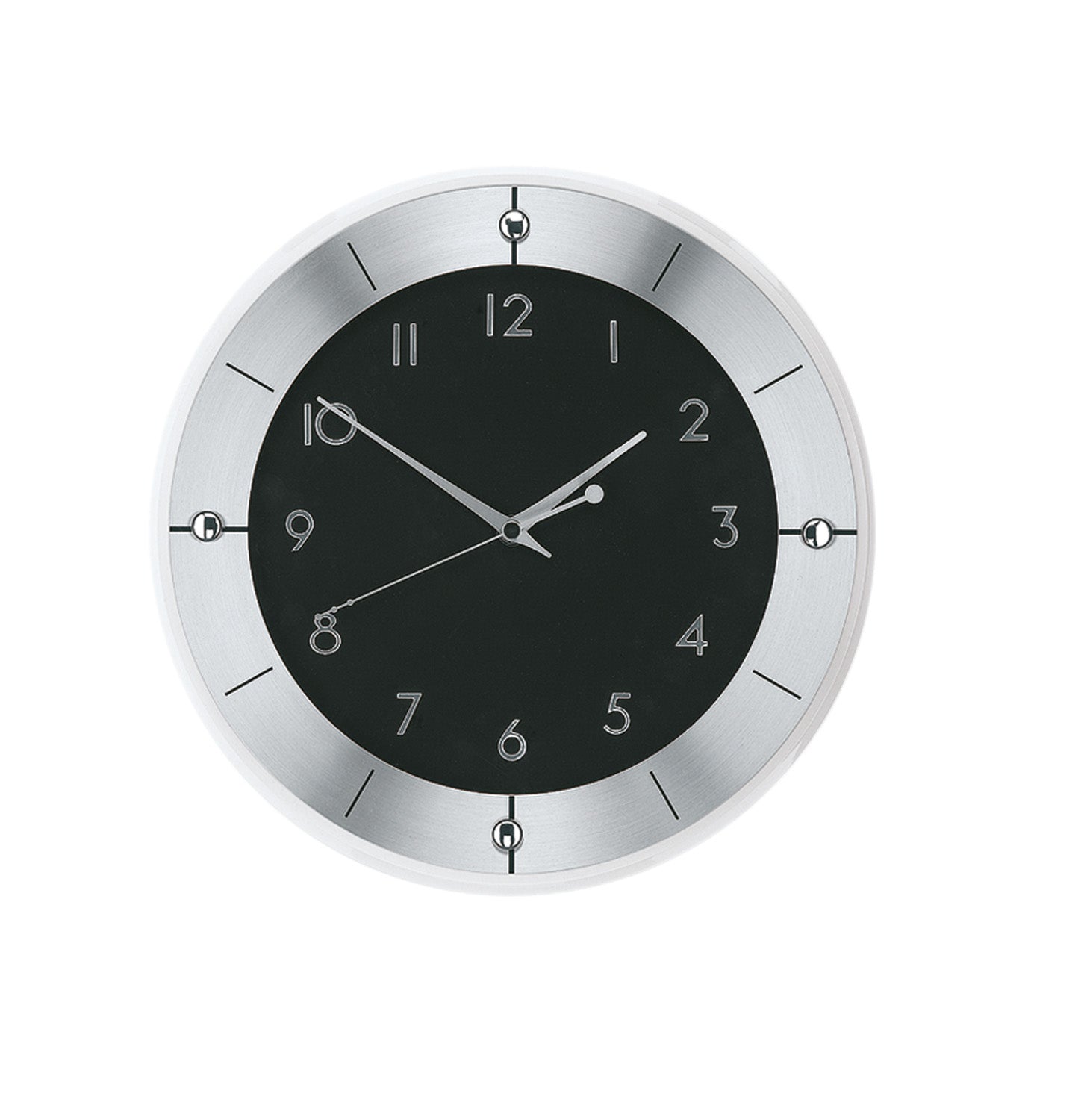 Runde Wanduhr mit silbernem Aluminiumrahmen und schwarzem Ziffernblatt, Zahlen
