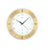 Runde Wanduhr mit weißem Zifferblatt, goldfarbener Umrandung und schwarzen Zeigern, AMS-Logo