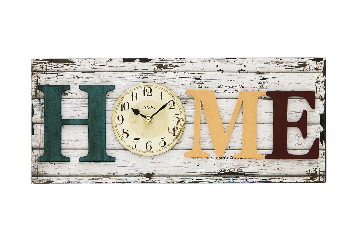 Rechteckige Wanduhr mit Mineralglas, Zifferblatt und Holzschild mit „HOME“-Motiv