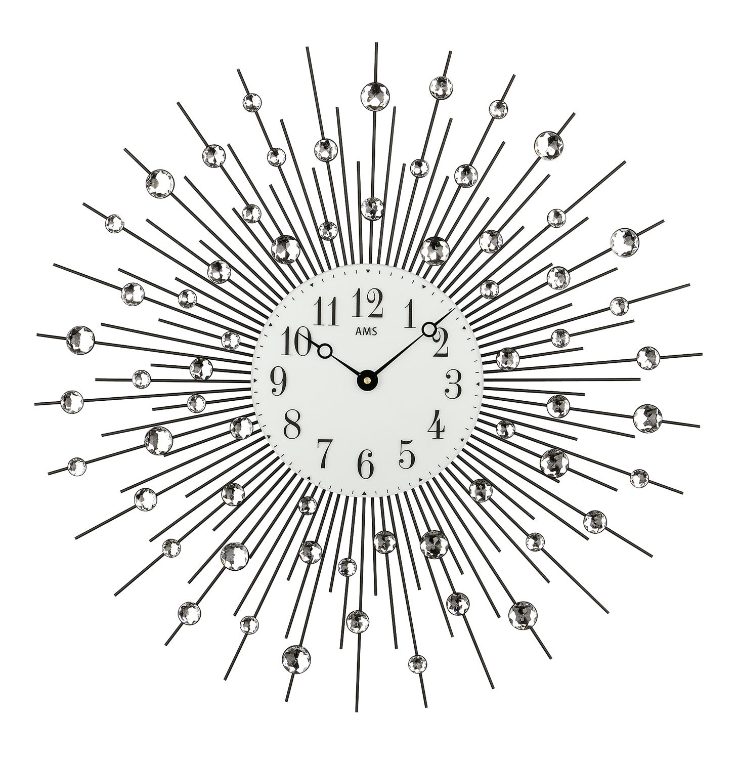 AMS Wanduhr mit schwarzem Metallgehäuse und Mineralglas, strahlenförmigem Metallring