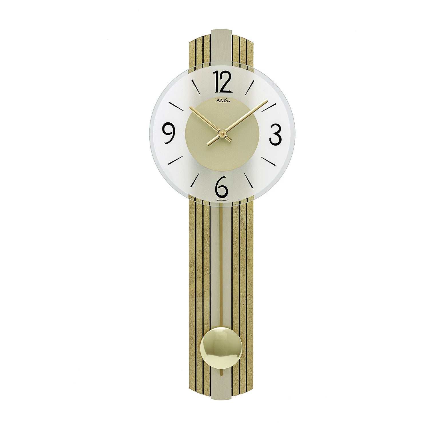 AMS Wanduhr mit rundem weißem Zifferblatt, goldfarbenen Zeigern und Pendelstreifen