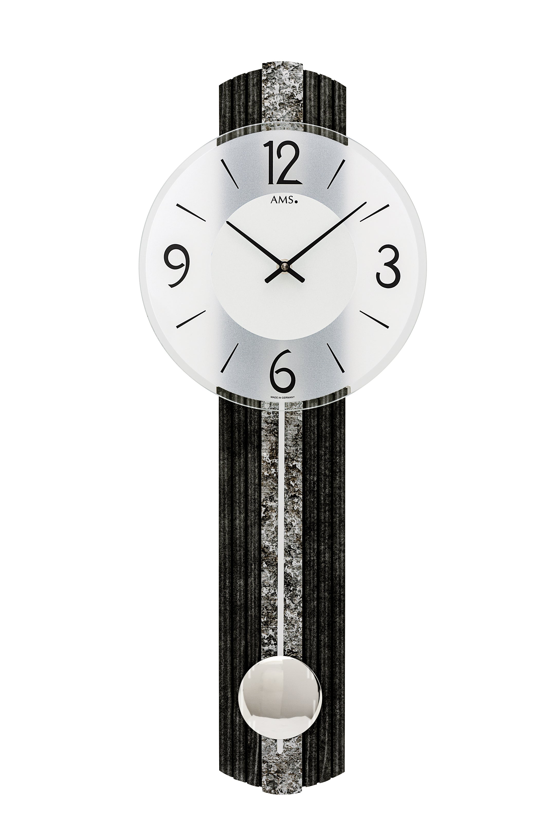 Quarz-Pendeluhr Wanduhr mit weißem Zifferblatt und schwarzem Pendelgehäuse, analog