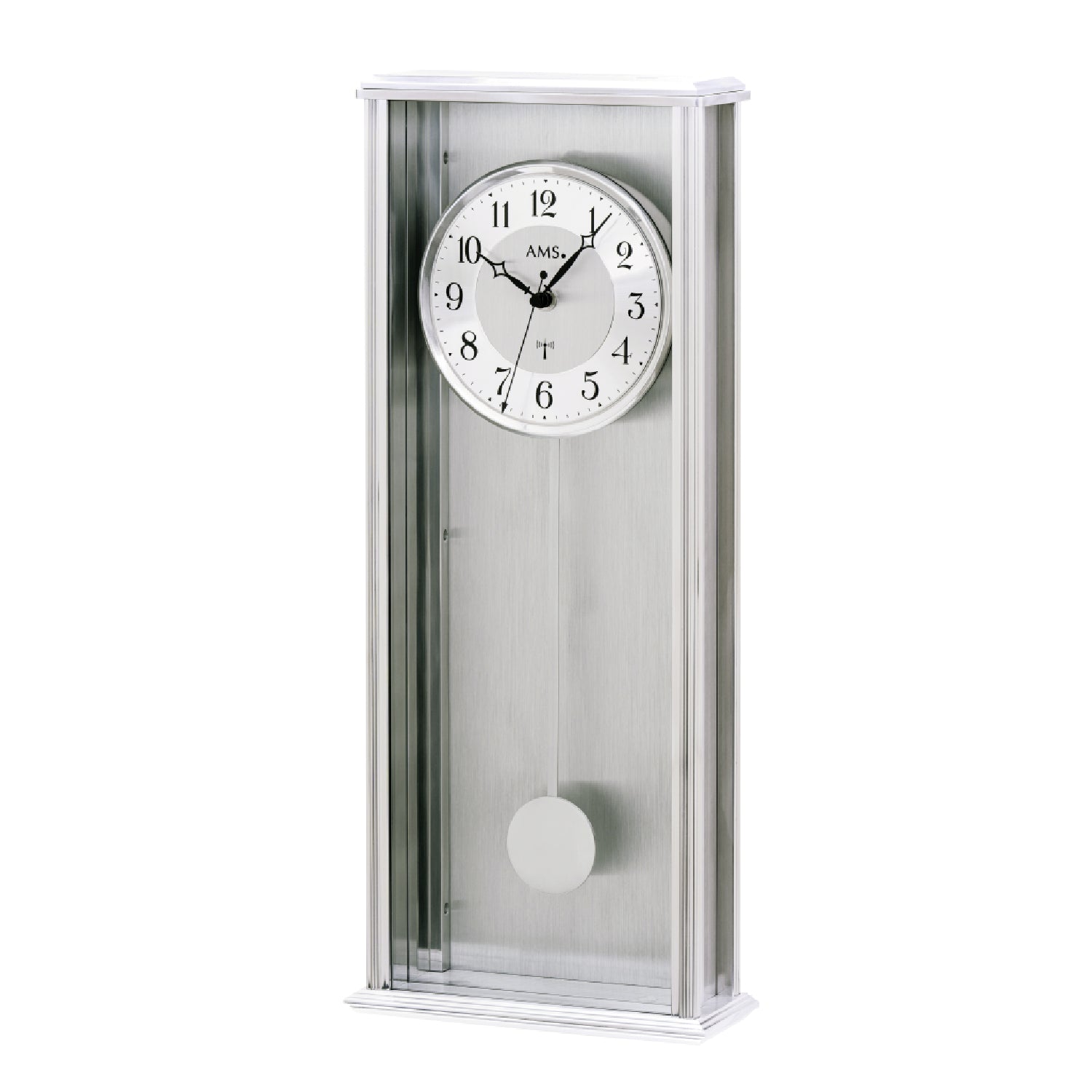 Silberne Wanduhr mit Glasfront und Pendelwerk, runde Zifferblatt-Ansicht