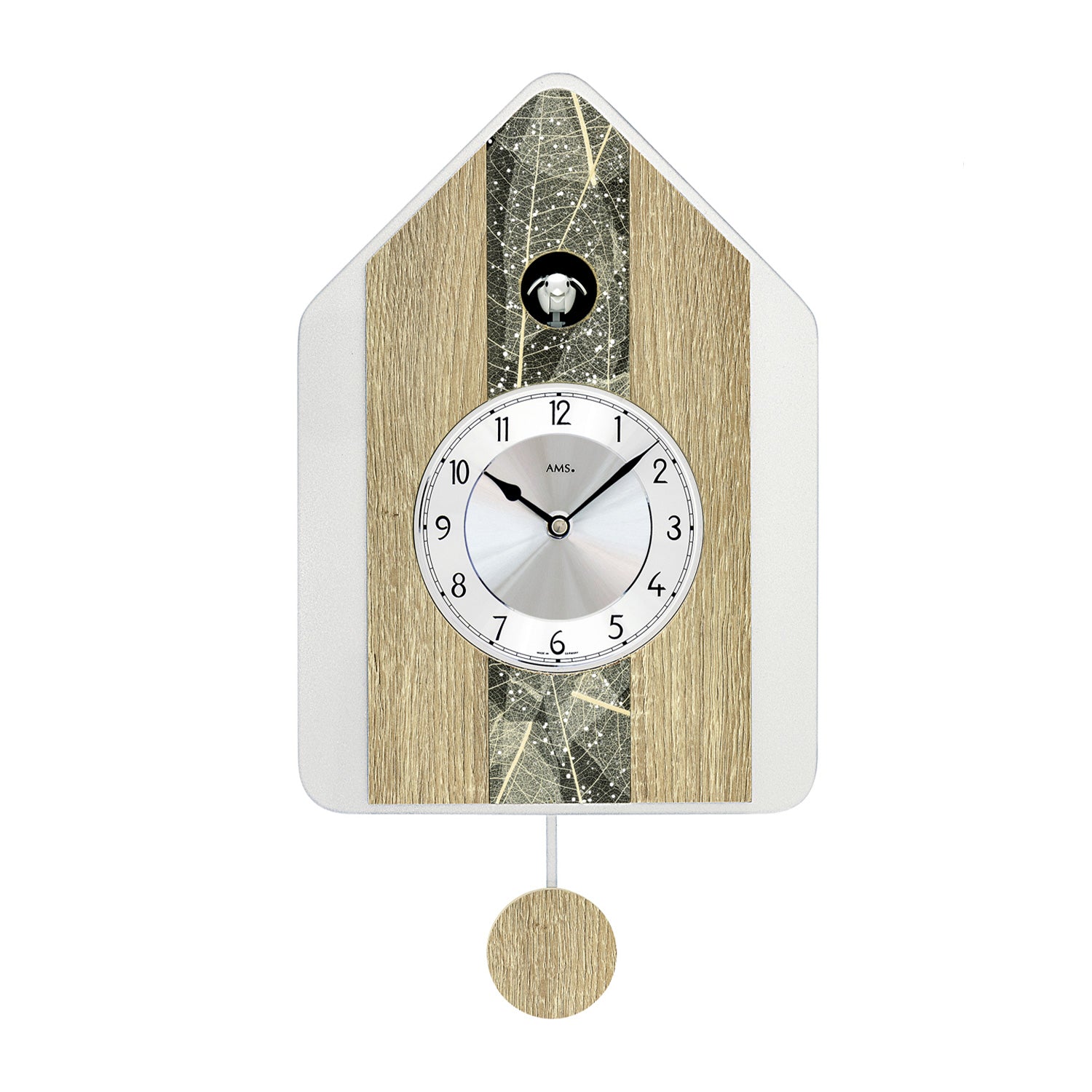 Wanduhr im Hausdesign mit Holzoptik, Rundzifferblatt und Pendel