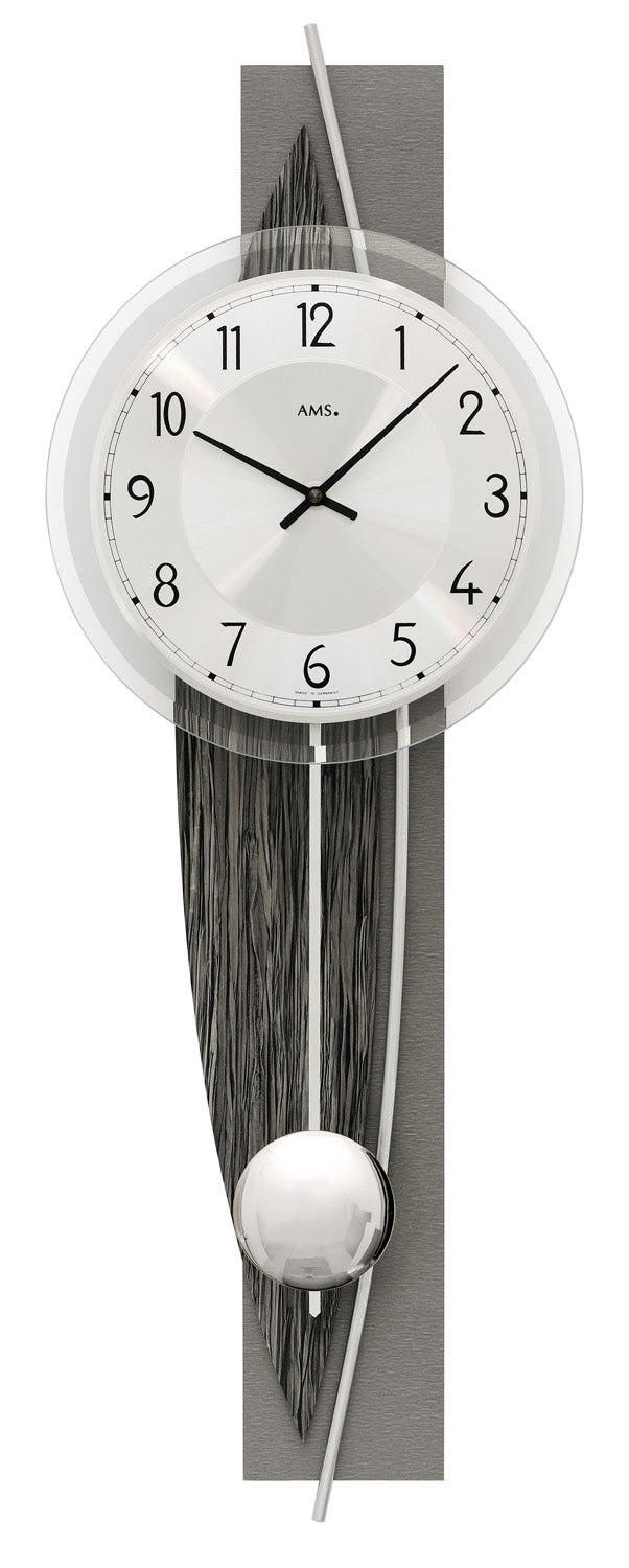 Wanduhr mit rundem Zifferblatt, Holzdekor, Aluminiumzeigern und Pendel