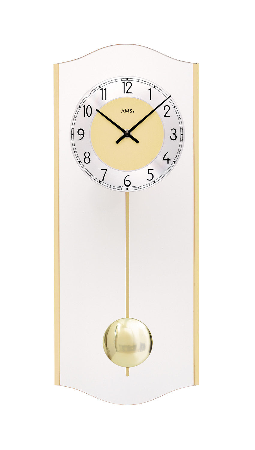 Wanduhr mit Messingpendel und Ziffernblatt unter Mineralglas