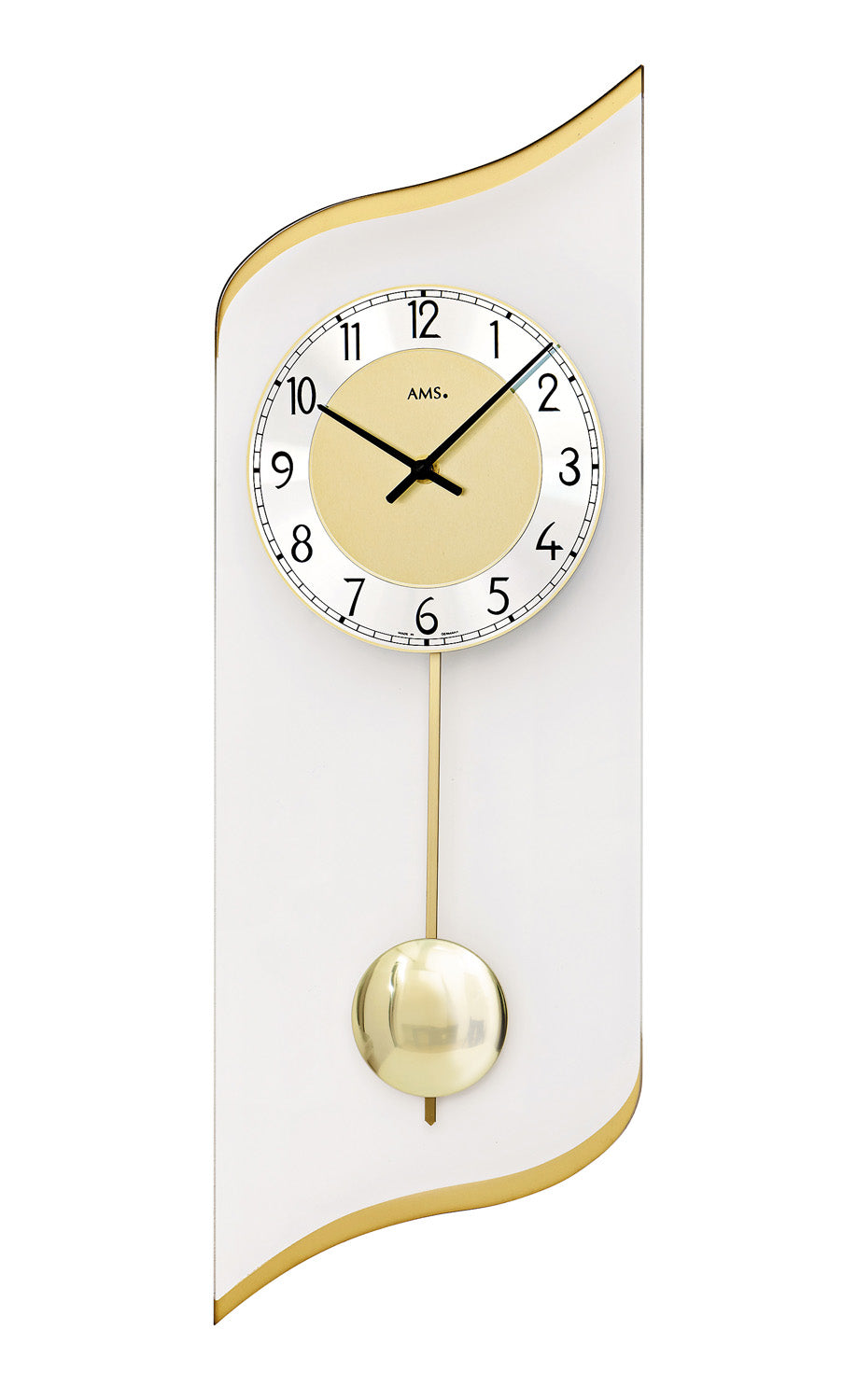 Wanduhr mit Quarz-Pendelwerk: weißes Zifferblatt, schwarze Zeiger, Messingrahmen und Pendel