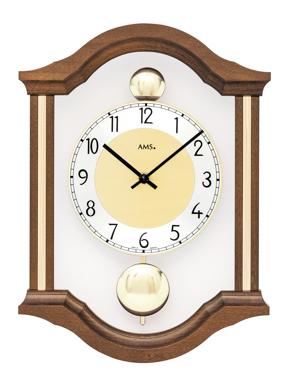 Wanduhr mit Nussbaum-Holzgehäuse, rundem Zifferblatt und goldenem Pendelgewicht