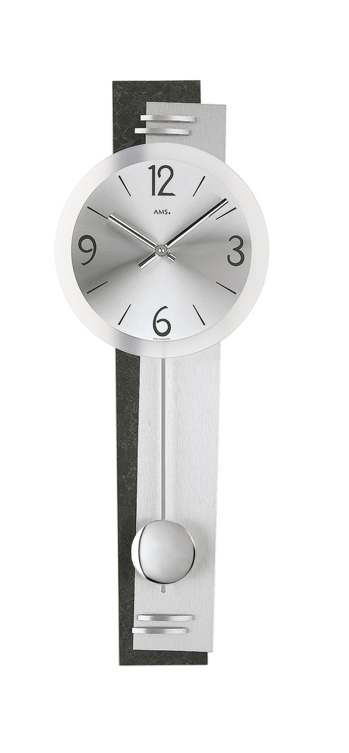 Wanduhr mit rundem Zifferblatt, Mineralglas, schieferfarbenem Rahmen und Pendelgewicht