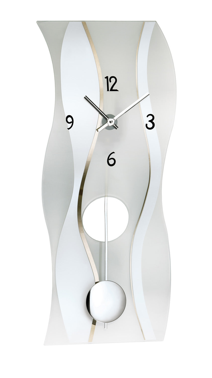 AMS Wanduhr mit Quarz-Pendelwerk, Mineralglas, runde Ziffern 1–12, schwarzer Zeiger, Pendel.
