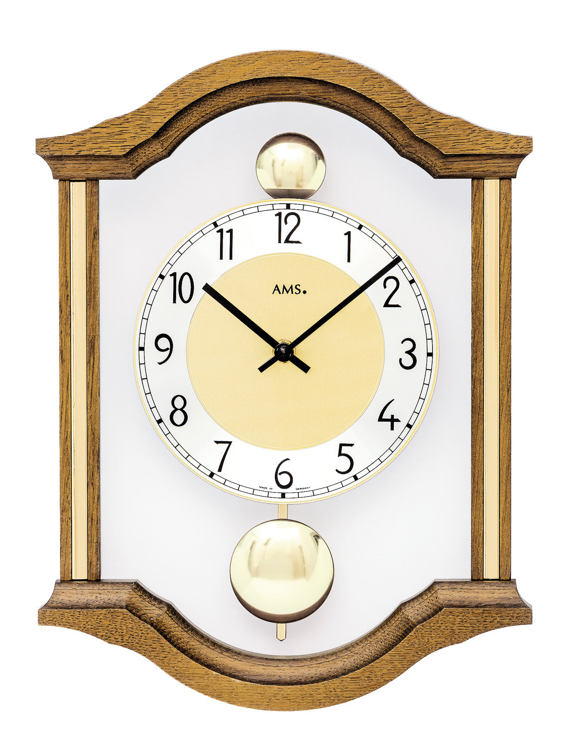 Wanduhr mit eichenfarbenem Massivholzgehäuse, rundem Zifferblatt und Glasfenster