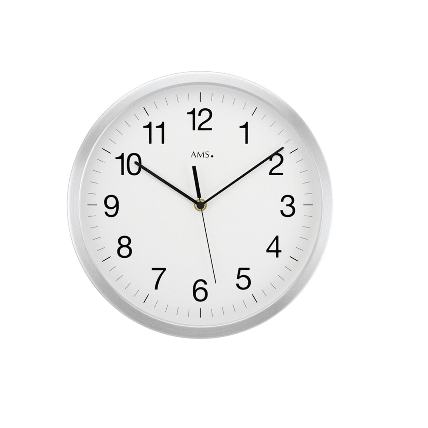 Runde Wanduhr aus gebürstetem Aluminium mit weißem Zifferblatt und schwarzen Zeigern
