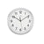 Runde Wanduhr mit weißem Zifferblatt, schwarzen Zahlen und Zeigern, silbernem Rahmen
