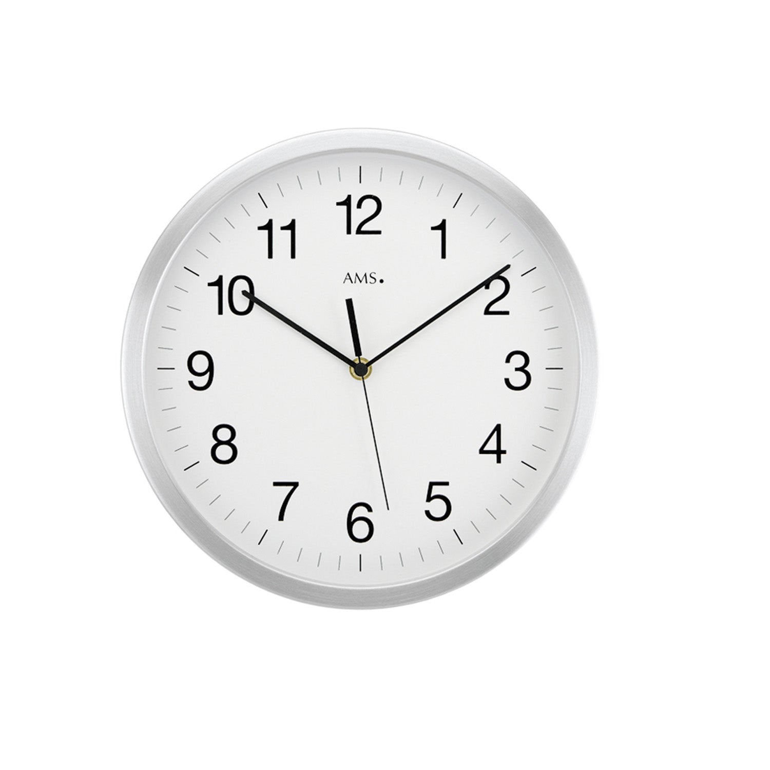 Runde Funk-Wanduhr mit silbernem Gehäuse, weißem Ziffernblatt und schwarzen Zeigern