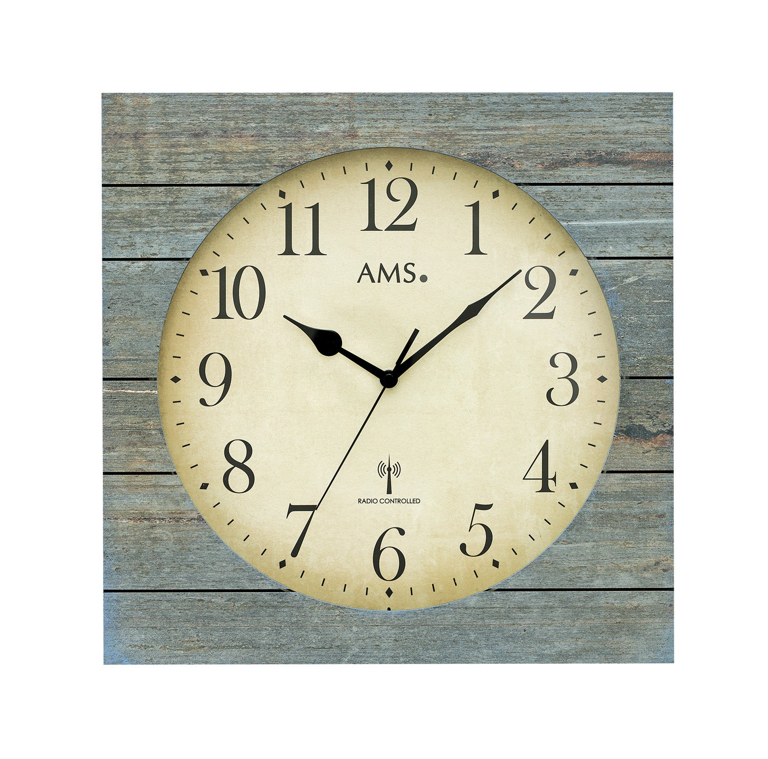 Runde Wanduhr mit Holzstruktur-Gehäuse, graue Optik, beiges Zifferblatt, schwarze Zeiger