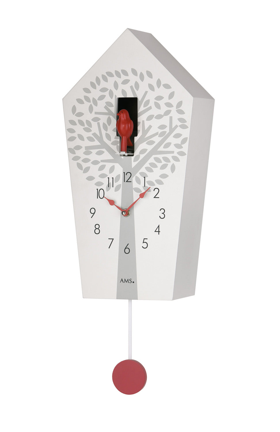 Weiße Wanduhr im Kuckucksdesign mit rotem Pendel und roter Gewichtsplatte