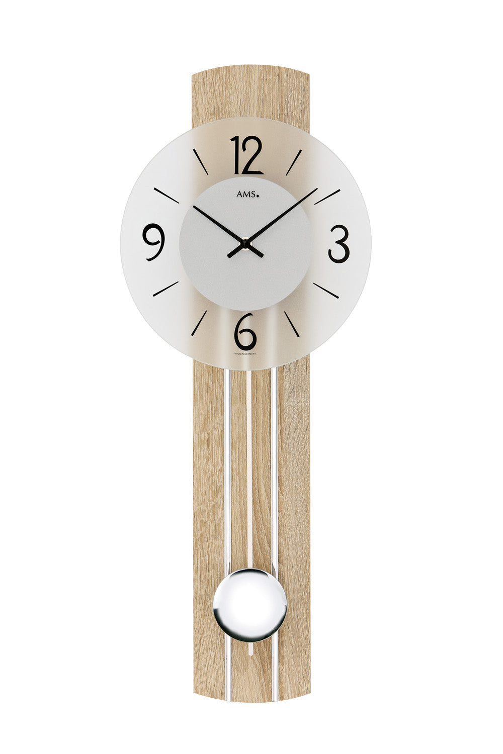 Wanduhr mit rundem Zifferblatt, weiß und schwarzen Zeigern, Pendel mit Glasglocke