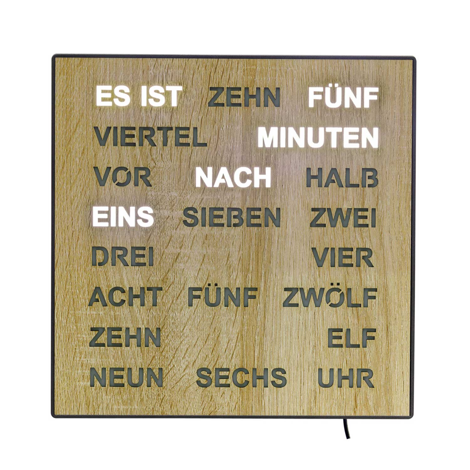 Holz-Wanduhr mit LED-Wortanzeige im quadratischen Ziffernfeld