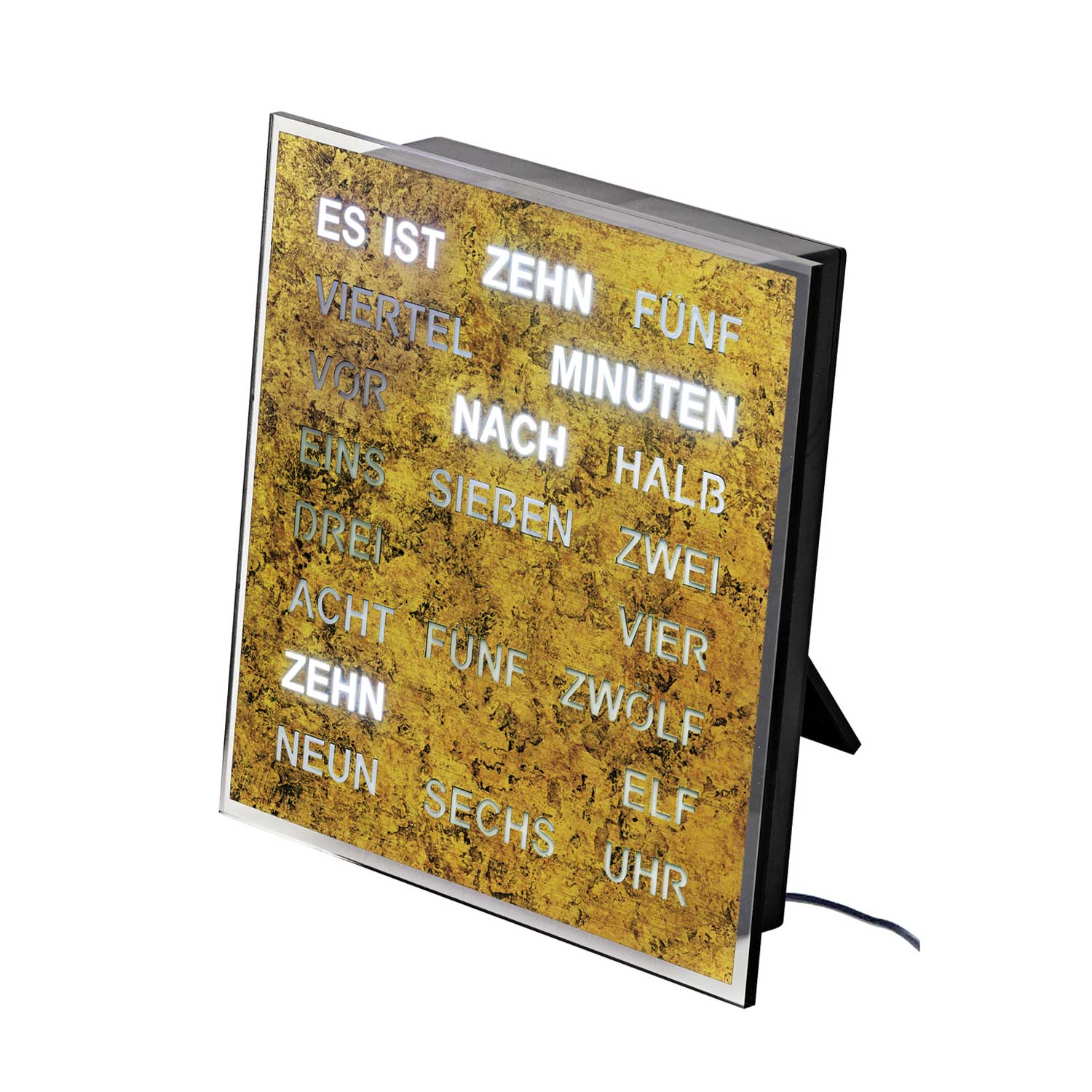 Wanduhr Wortuhr mit LED-Anzeige, goldbraunes Ziffernfeld und schwarzem Rahmen, Netzteil-Kabel