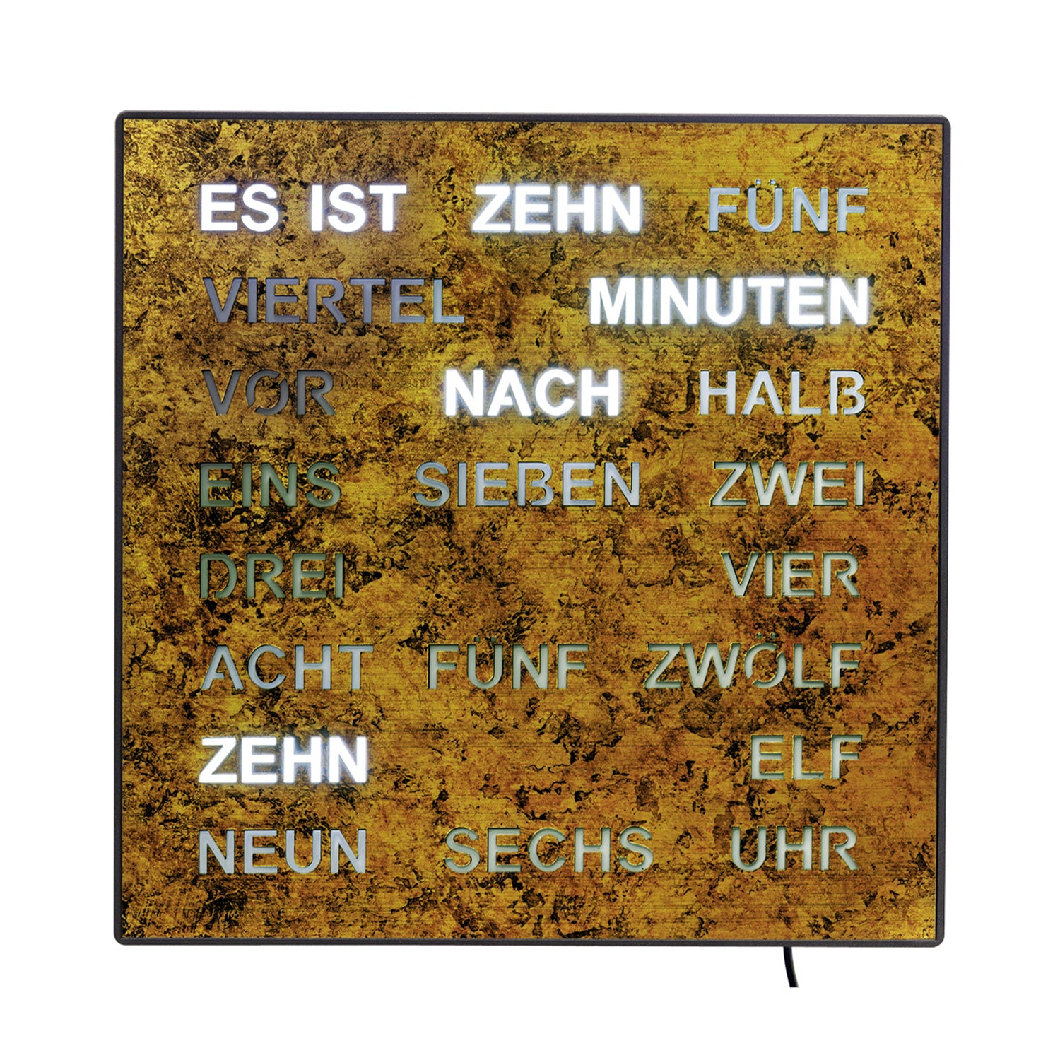 Wanduhr mit LED-Wortanzeige, quadratisch, goldbraun, mit leuchtenden Zeitwörtern
