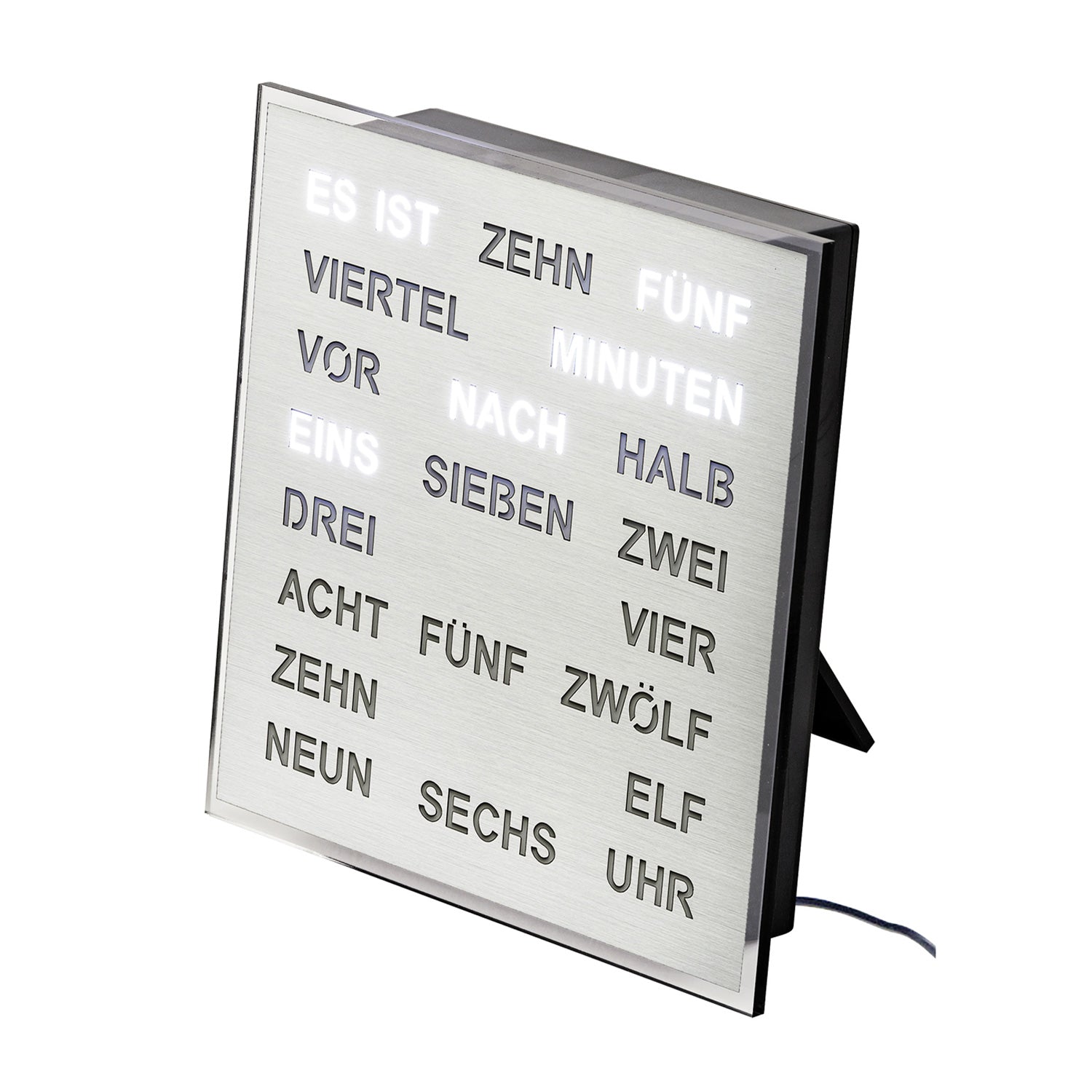 LED-Wortuhr mit Aluminiumrahmen, beleuchteten deutschen Minutenwörtern, Standfuß und Kabel
