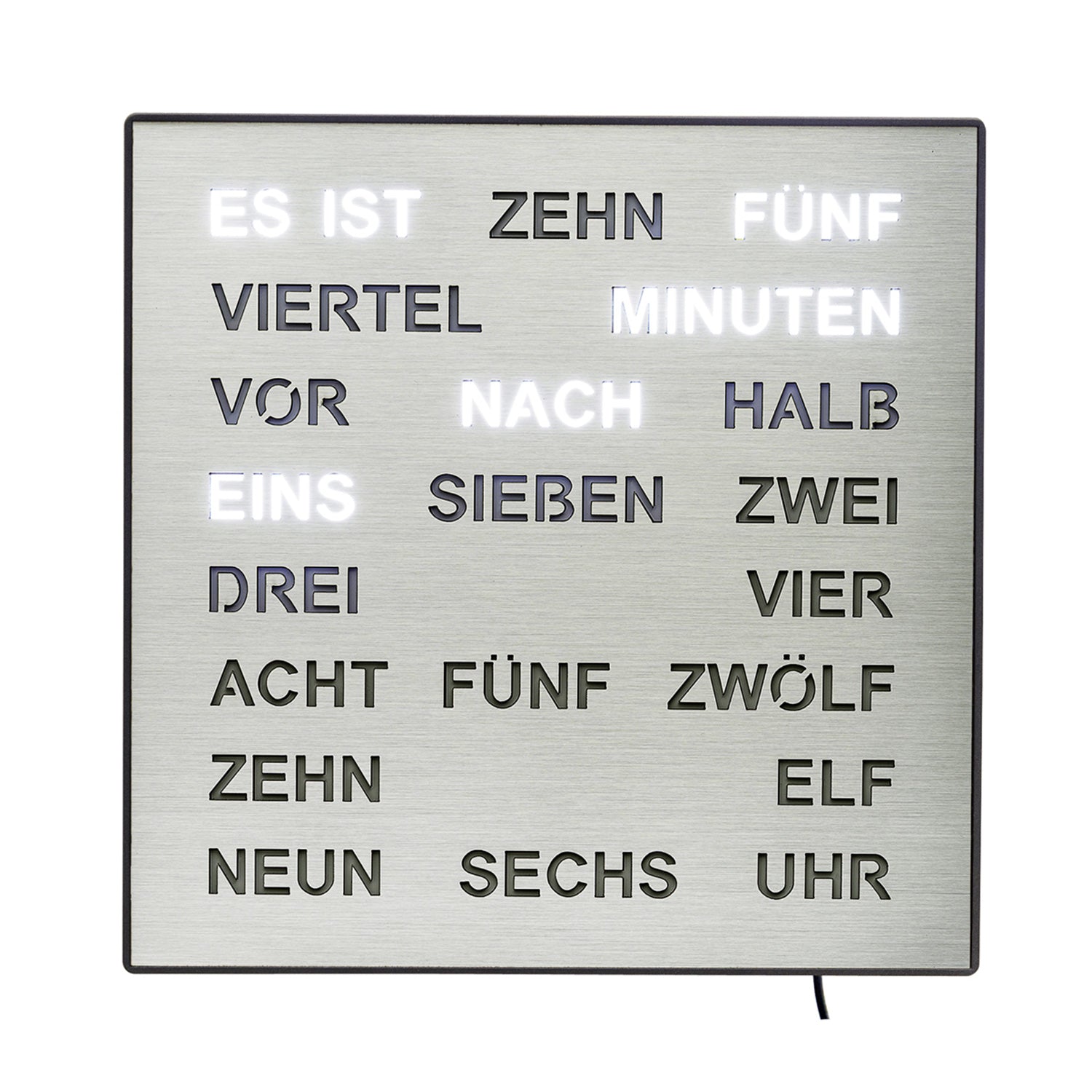 Wanduhr mit LED-Wortanzeige im Aluminiumrahmen, Anzeige klar lesbar.