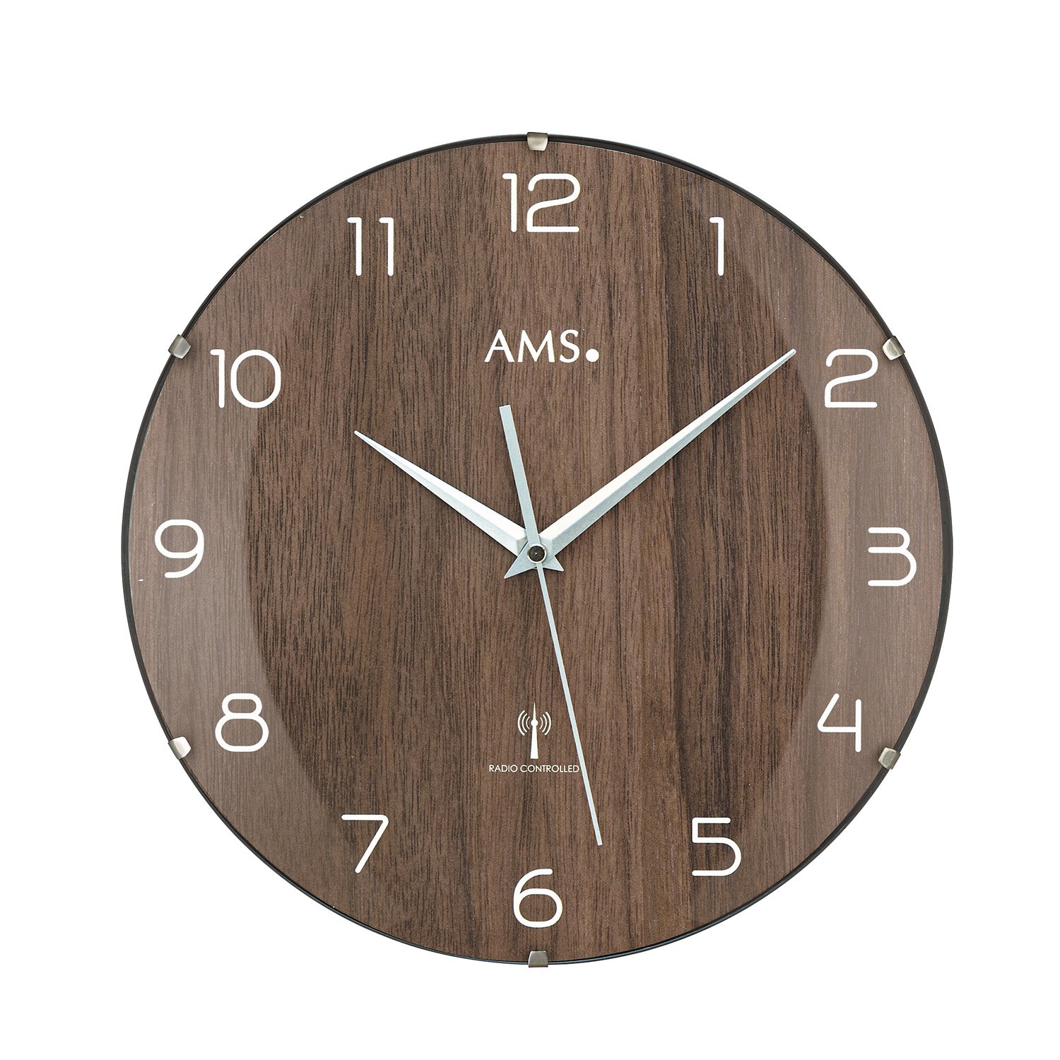 Funk-Wanduhr mit braunem Holz-Zifferblatt, römischen Ziffern, AMS-Marke